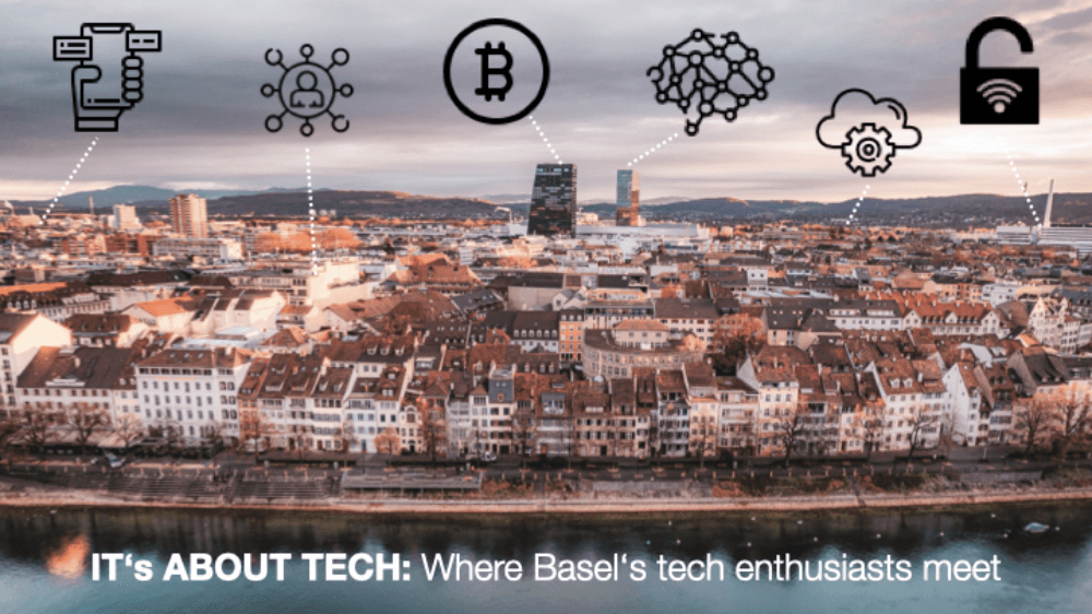 It's About Tech event artwork over Basel skyline