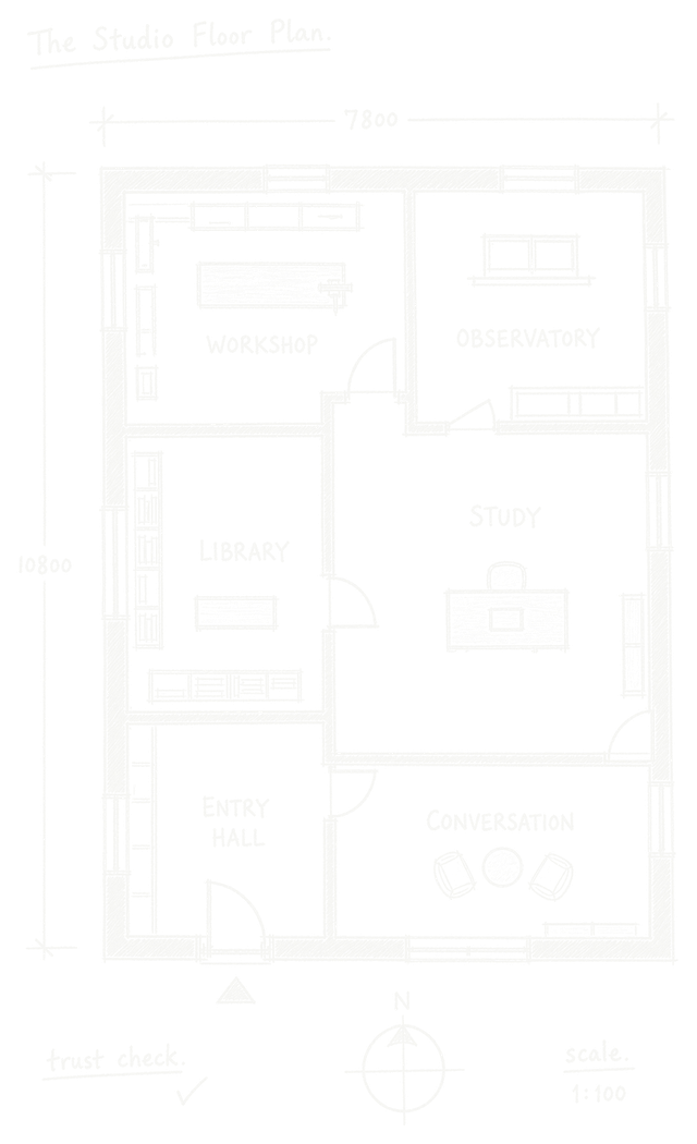 Orthographic Studio floor plan — Entrance Hall, Library, Workshop, Study, Conversation, and Observatory.